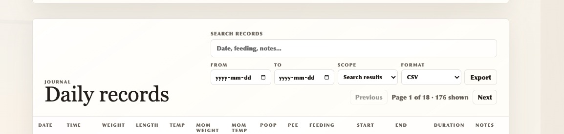 Daily records search and export interface