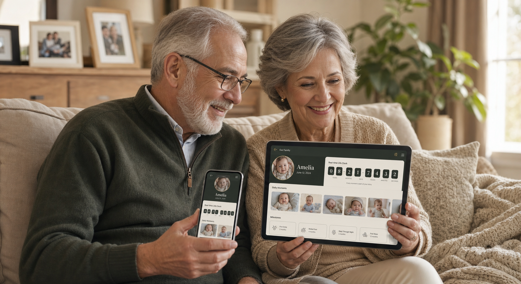 Grandparents viewing a baby family page with a life clock and daily images on a phone and tablet