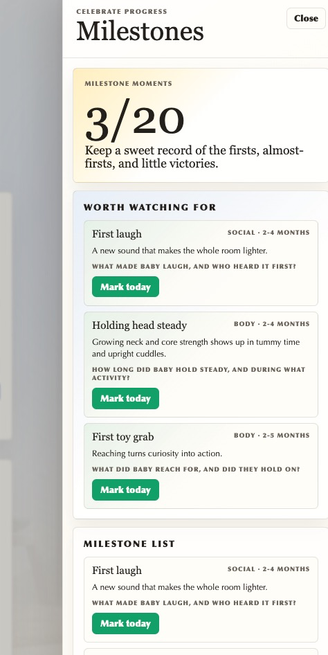 Milestone tracker showing upcoming milestones and mark today buttons