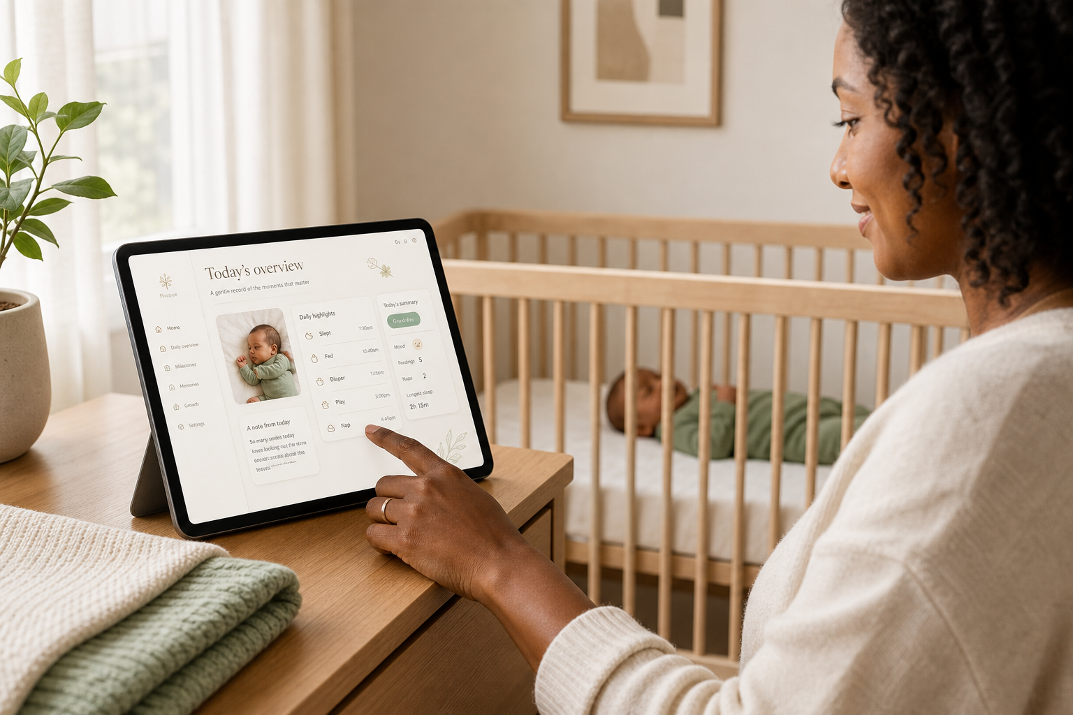 A Black parent using a baby journal dashboard on a tablet in a peaceful nursery