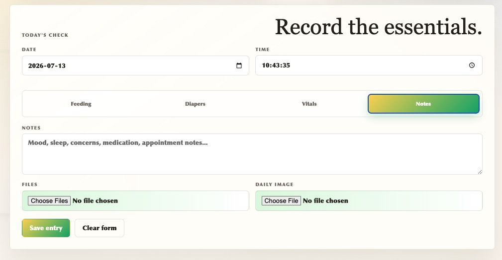 Daily record form with tabs for feeding diapers vitals and notes
